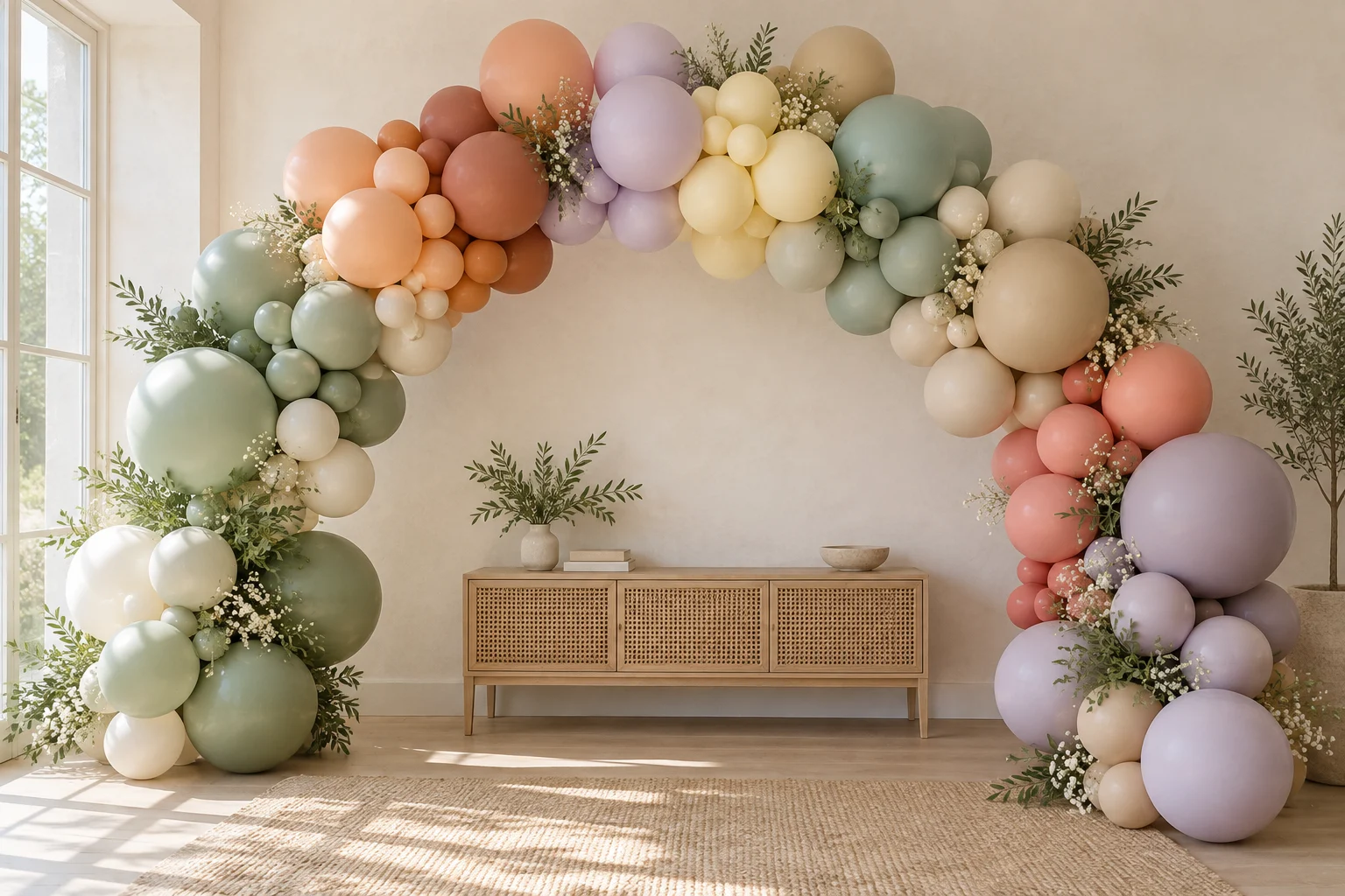 Arche asymétrique de ballons pastel sauge, abricot, lavande, jaune doux, sable et corail dans une pièce claire