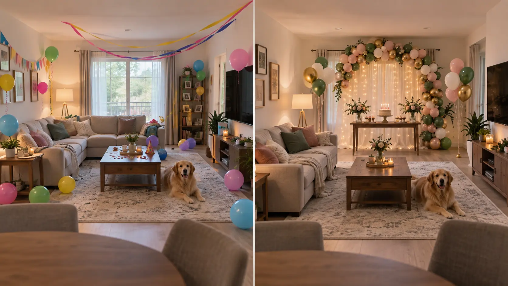 Comparaison entre une décoration dispersée et un point focal concentré pour un anniversaire à la maison