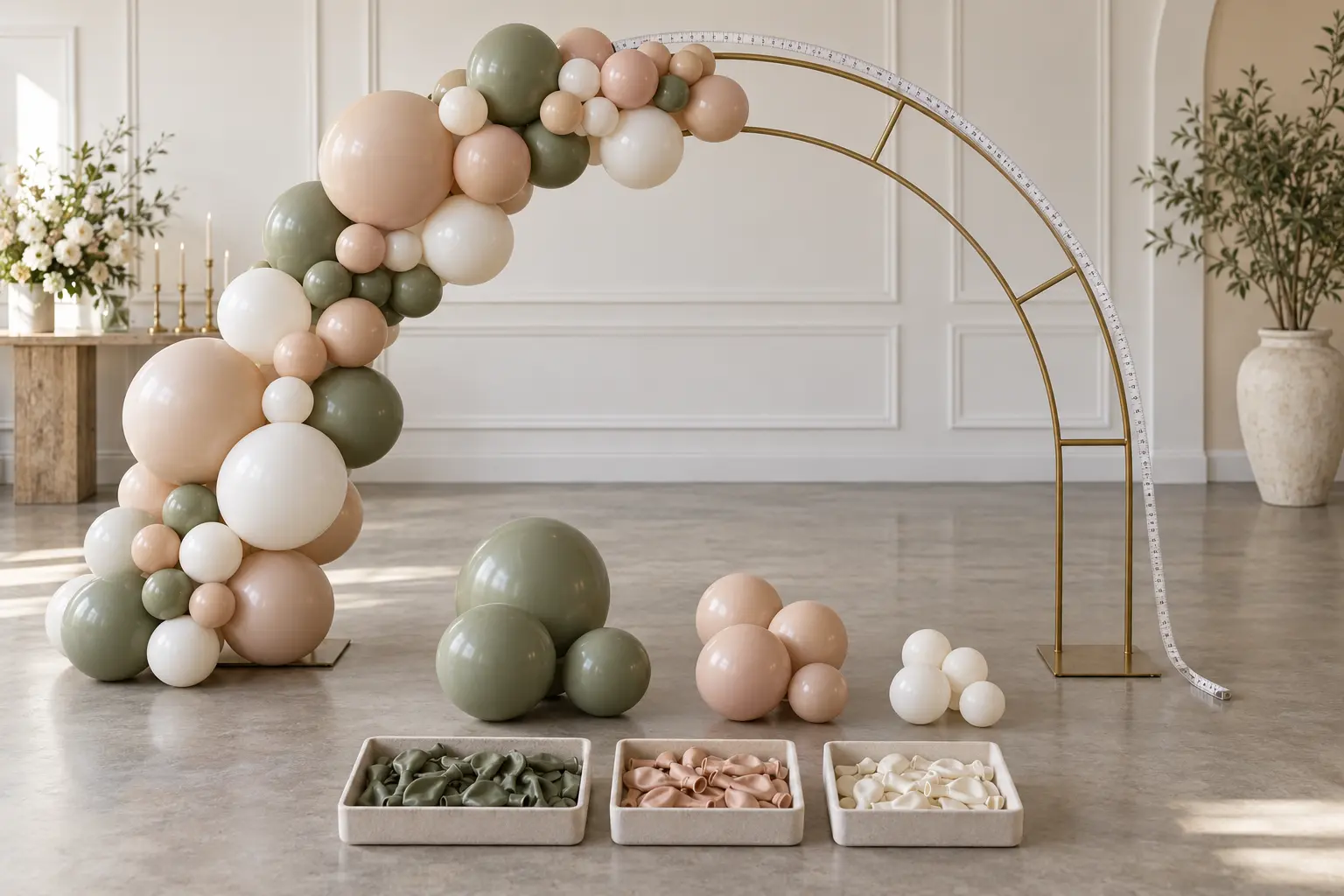 Arche mesurée avec ballons triés par tailles avant le montage