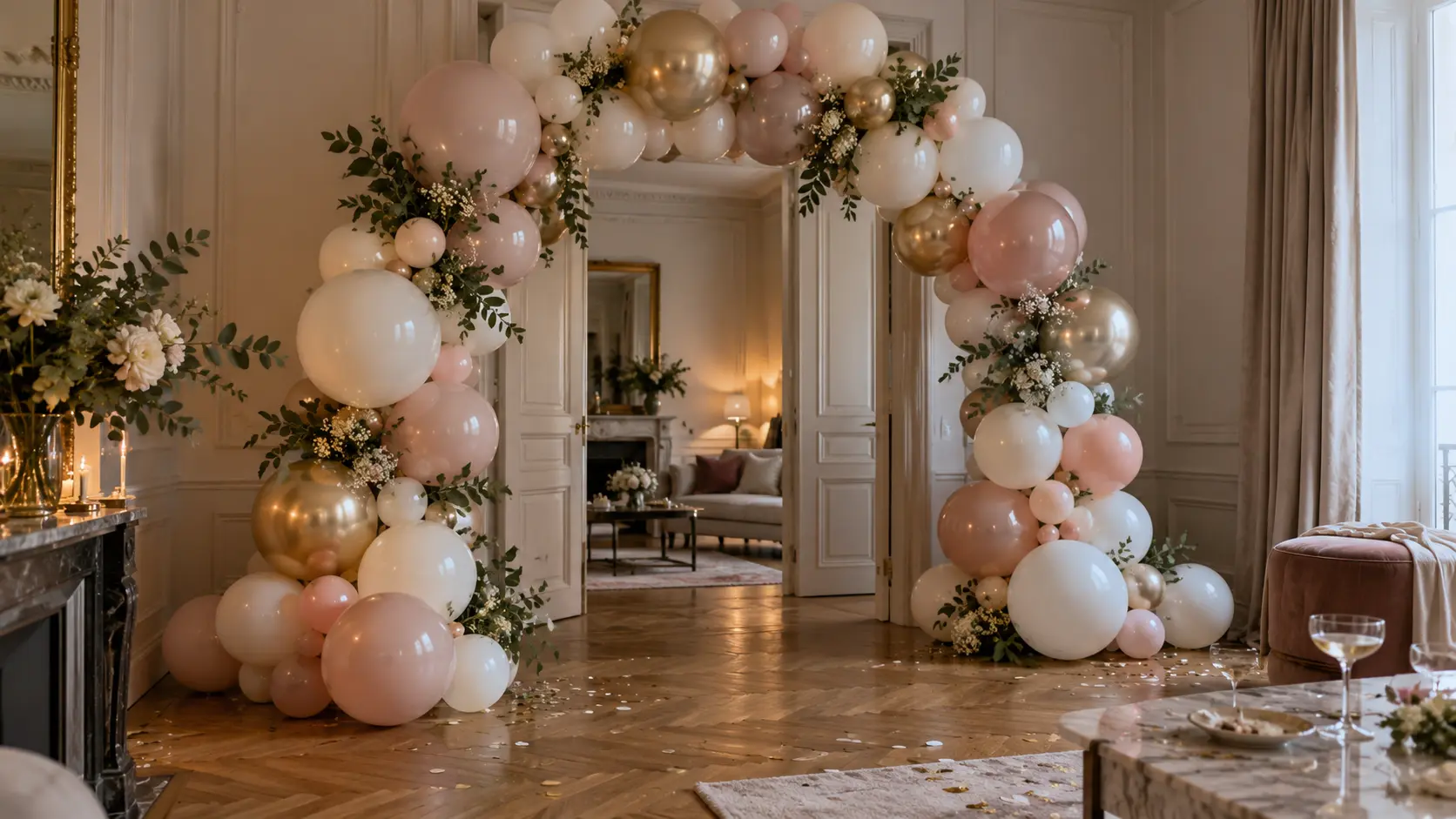 Arche de ballons brillante conservée dans une pièce ombragée