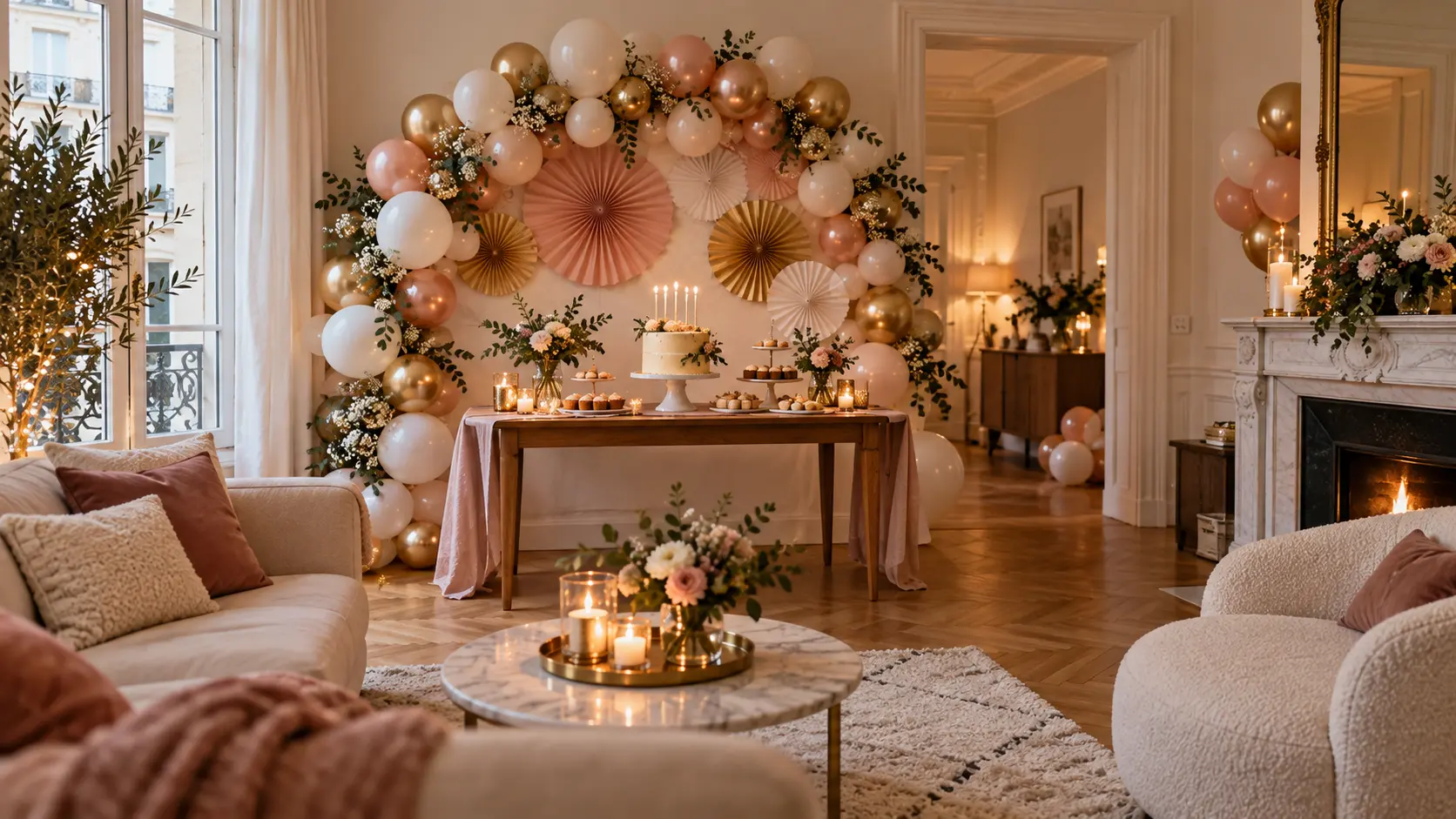 Décoration d’anniversaire élégante organisée autour d’un point focal dans un salon